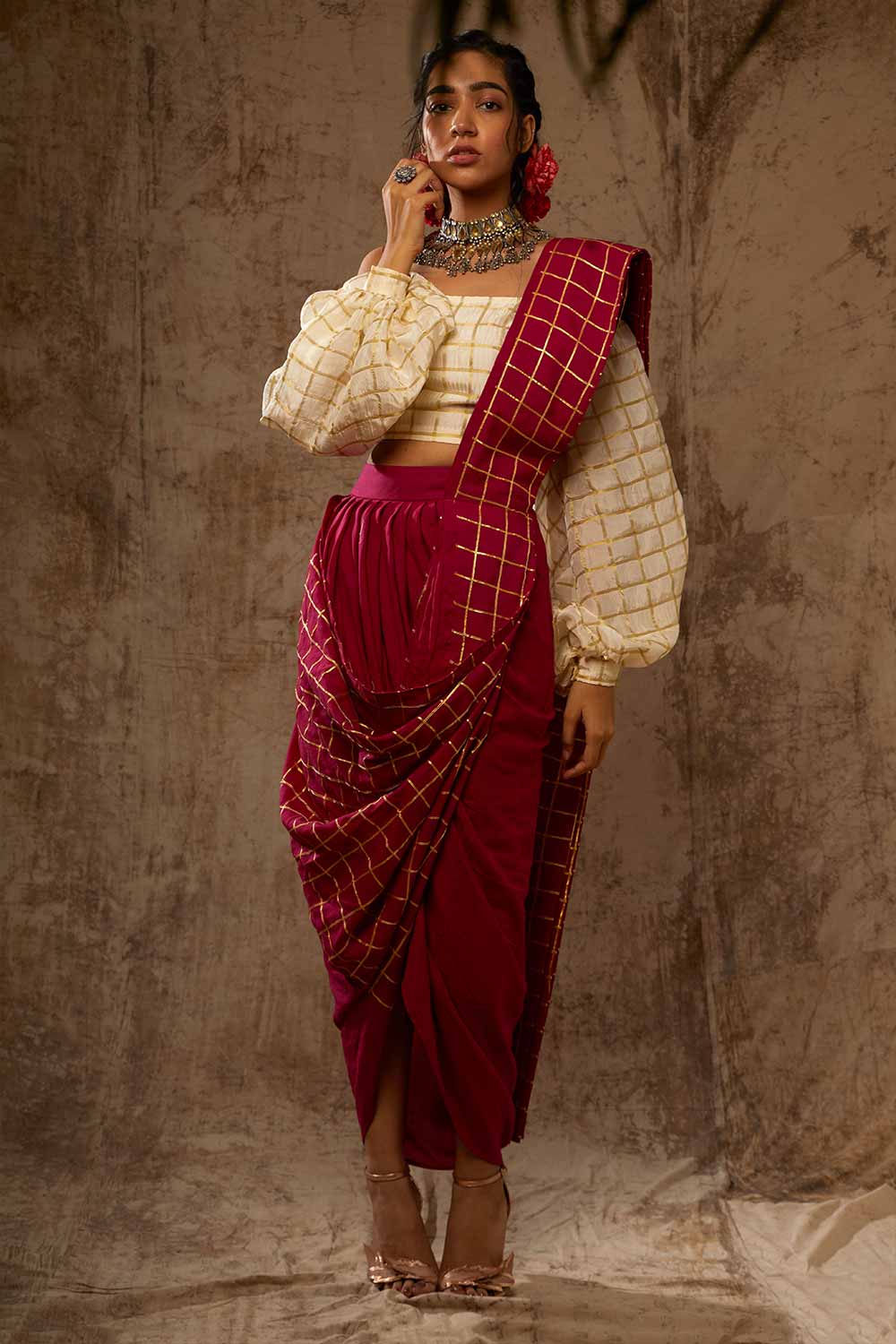 Ethnic Wear Block Heels With Saree Block Printed Checkered Saree
