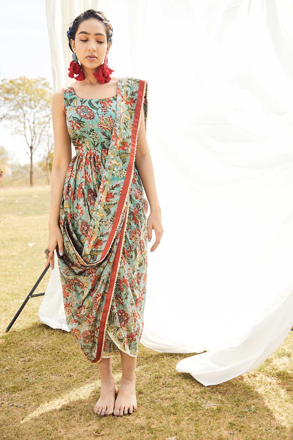Block Printed Green Saree Dress S Block Printed Green Saree Dress S