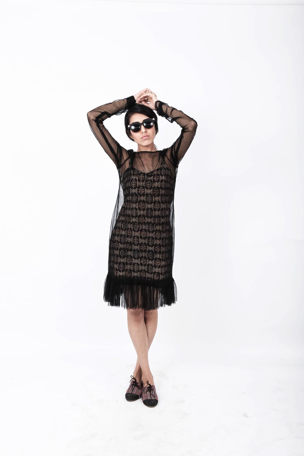 Block printed Kalamkari Dress With Tulle Overlay