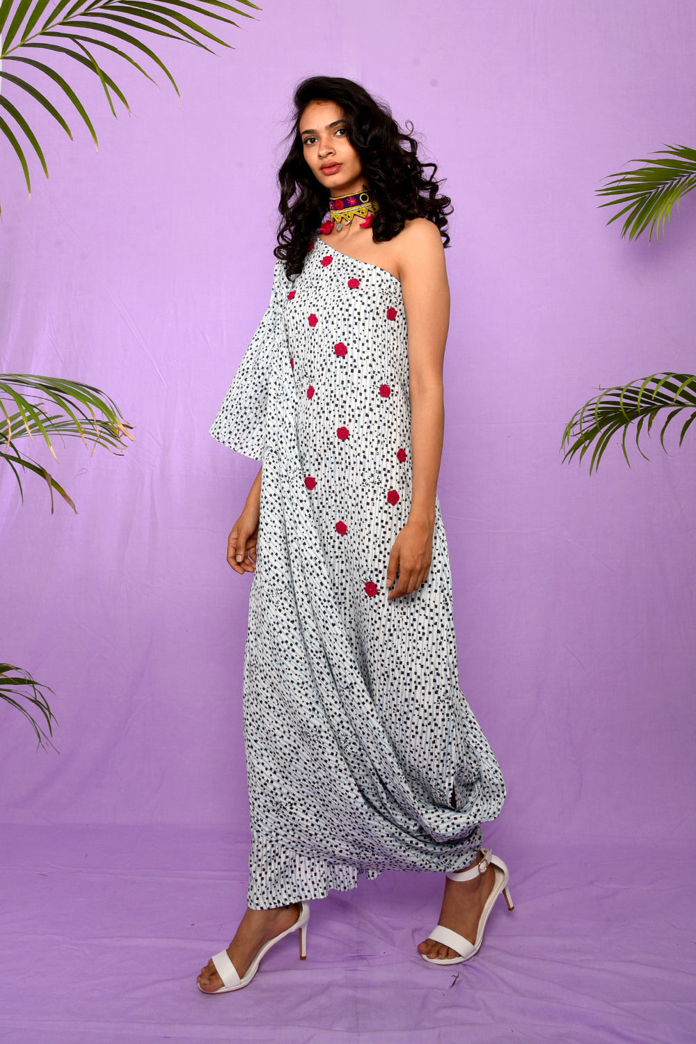 Block Printed One Shoulder Draped Dress