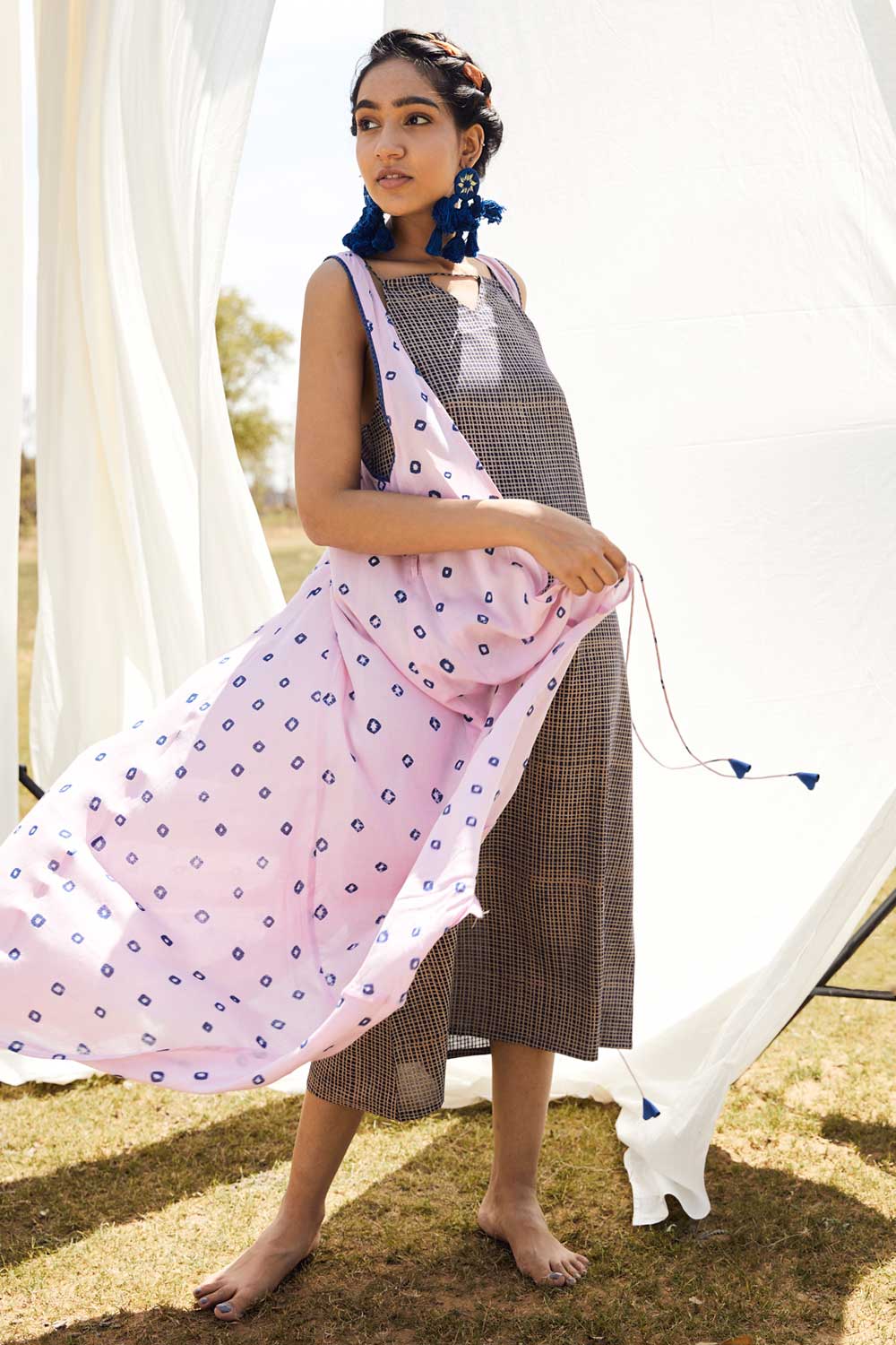 Bandhej Box Panel Vest with Block Printed Dori Dress