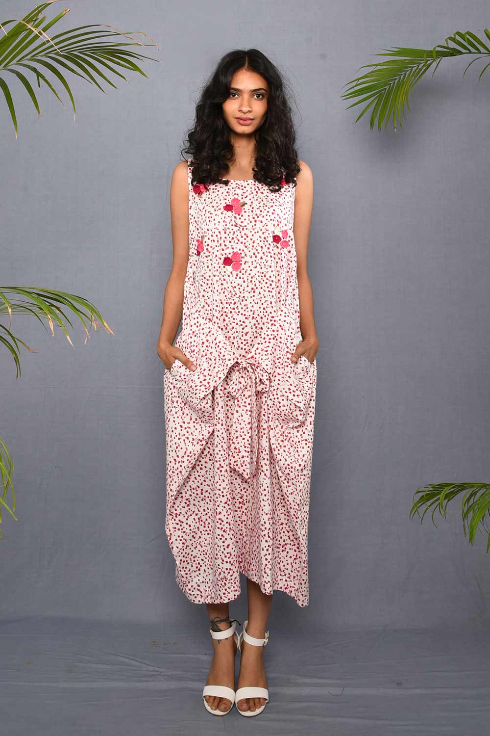 Block Printed Wrap Dress with Crochet Flowers