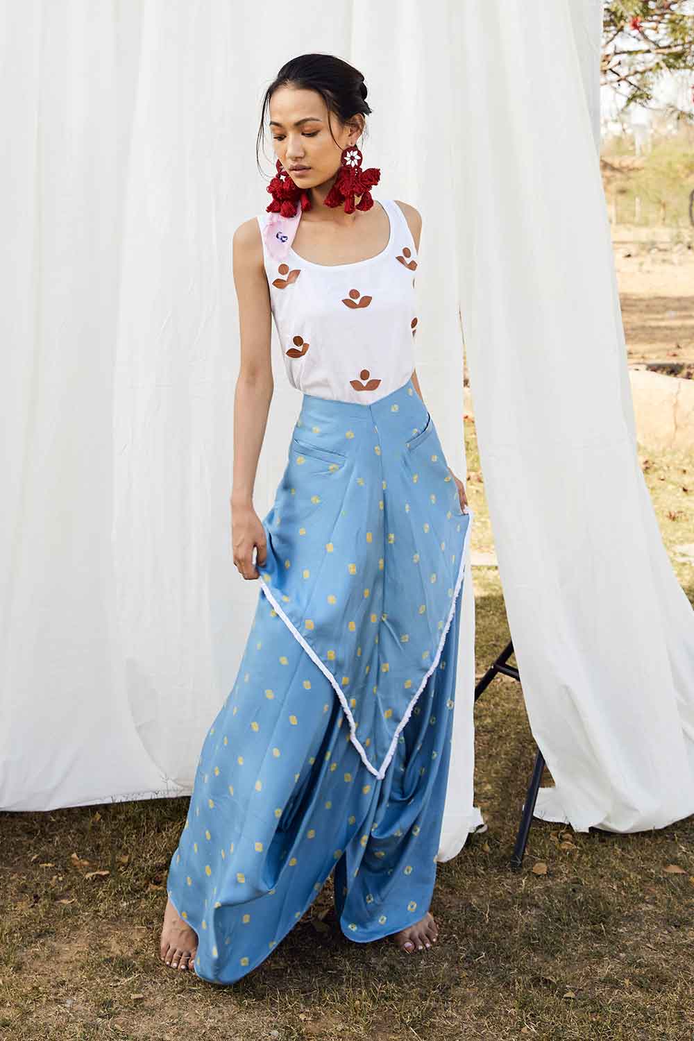 Bandhej Double Cowl Skirt Set