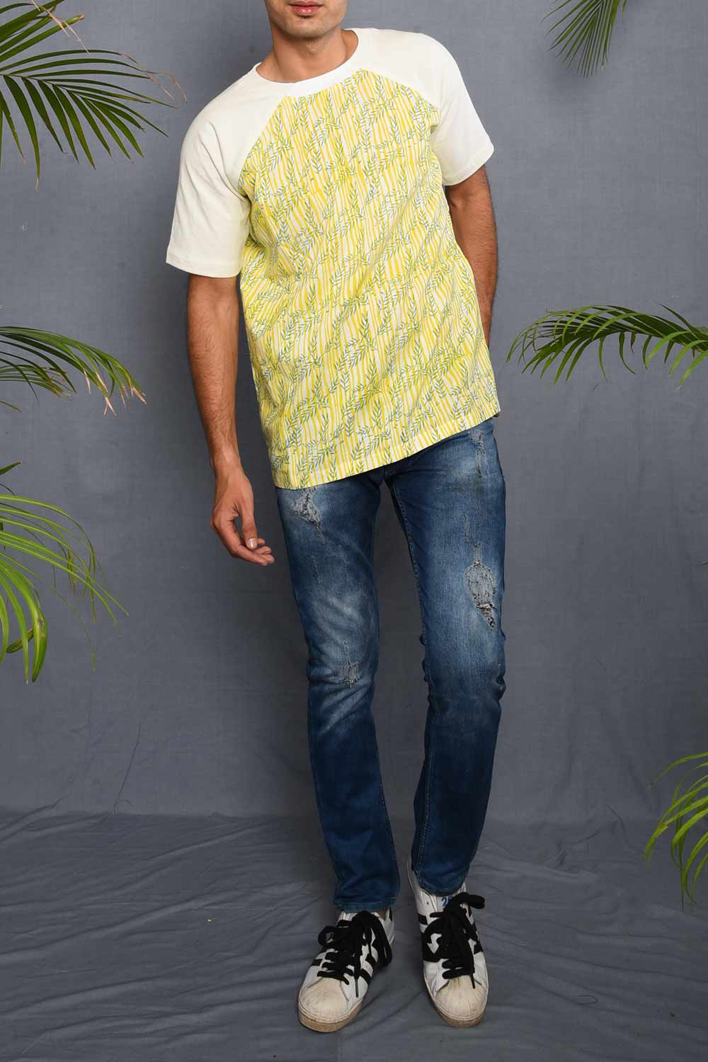 Block Printed Tropical T-shirt with White Jersey