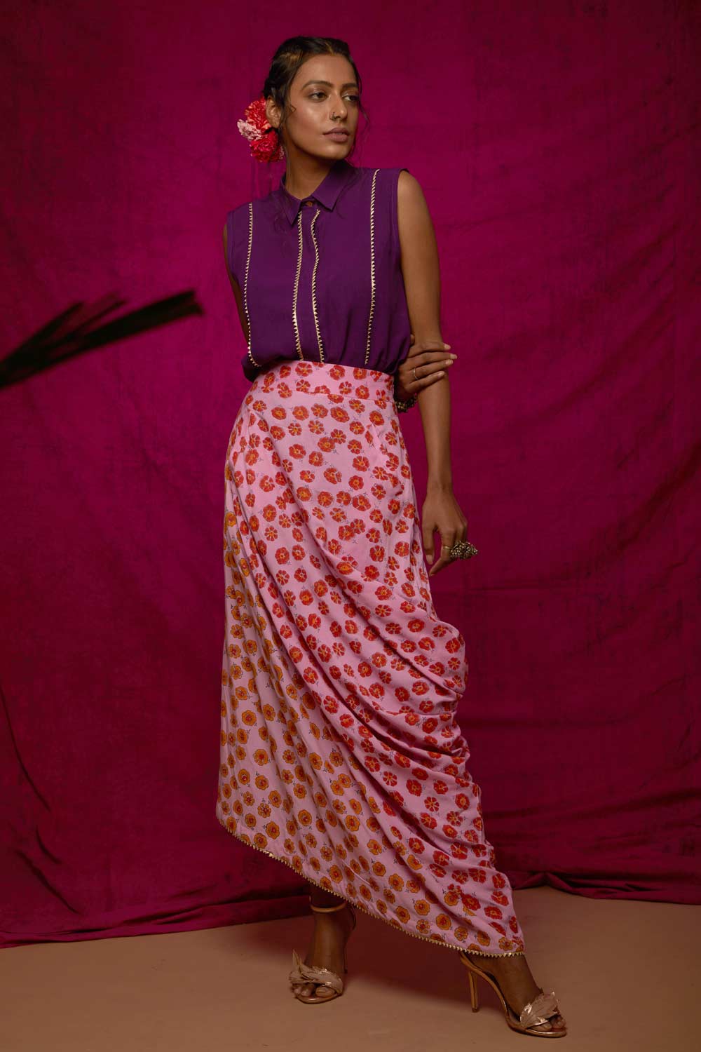 Block Printed Draped Poppy Skirt Set