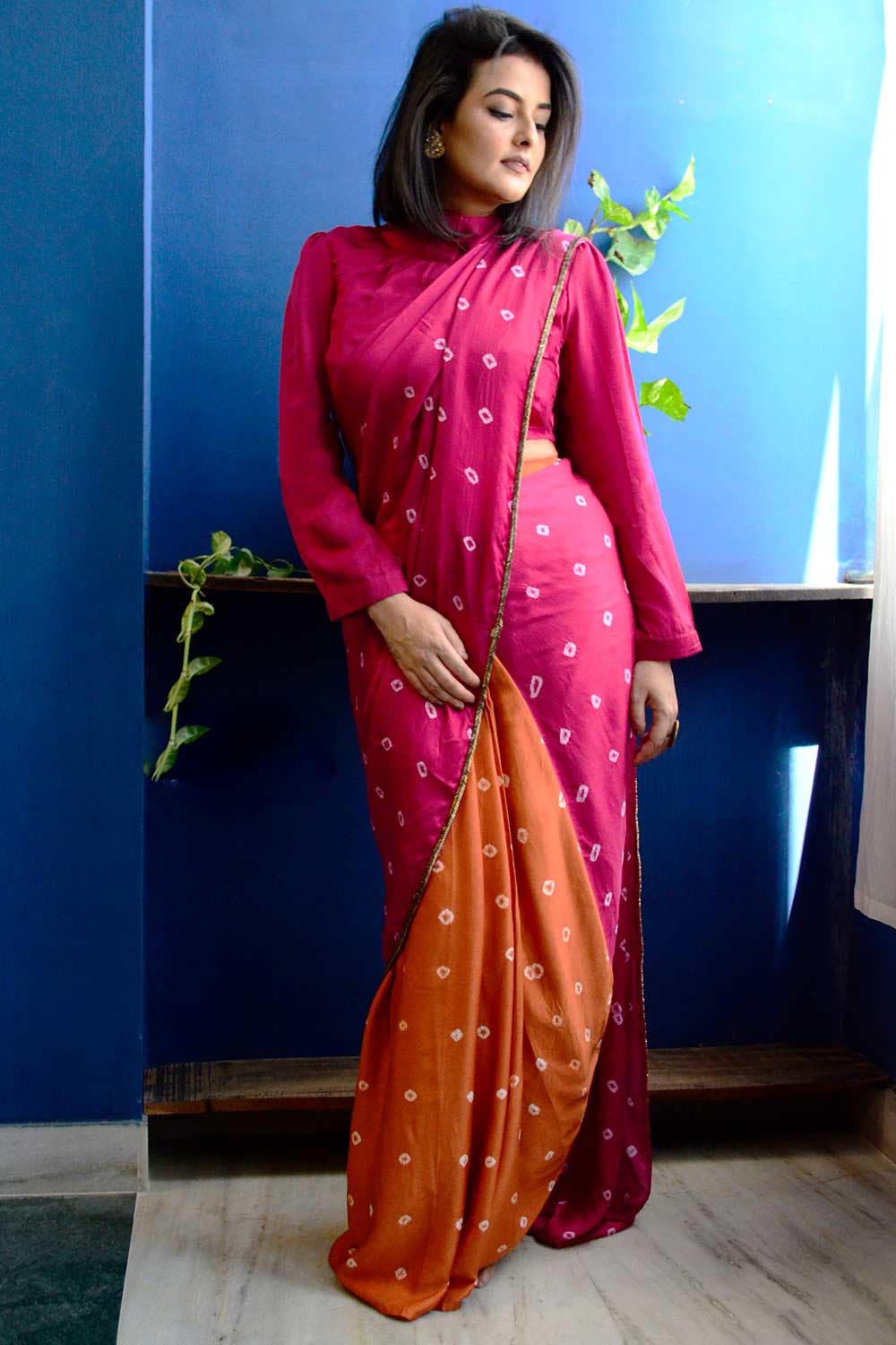 Bandhej Two Colour Pre Drape Saree With High Neck Top or Block Printed Blouse