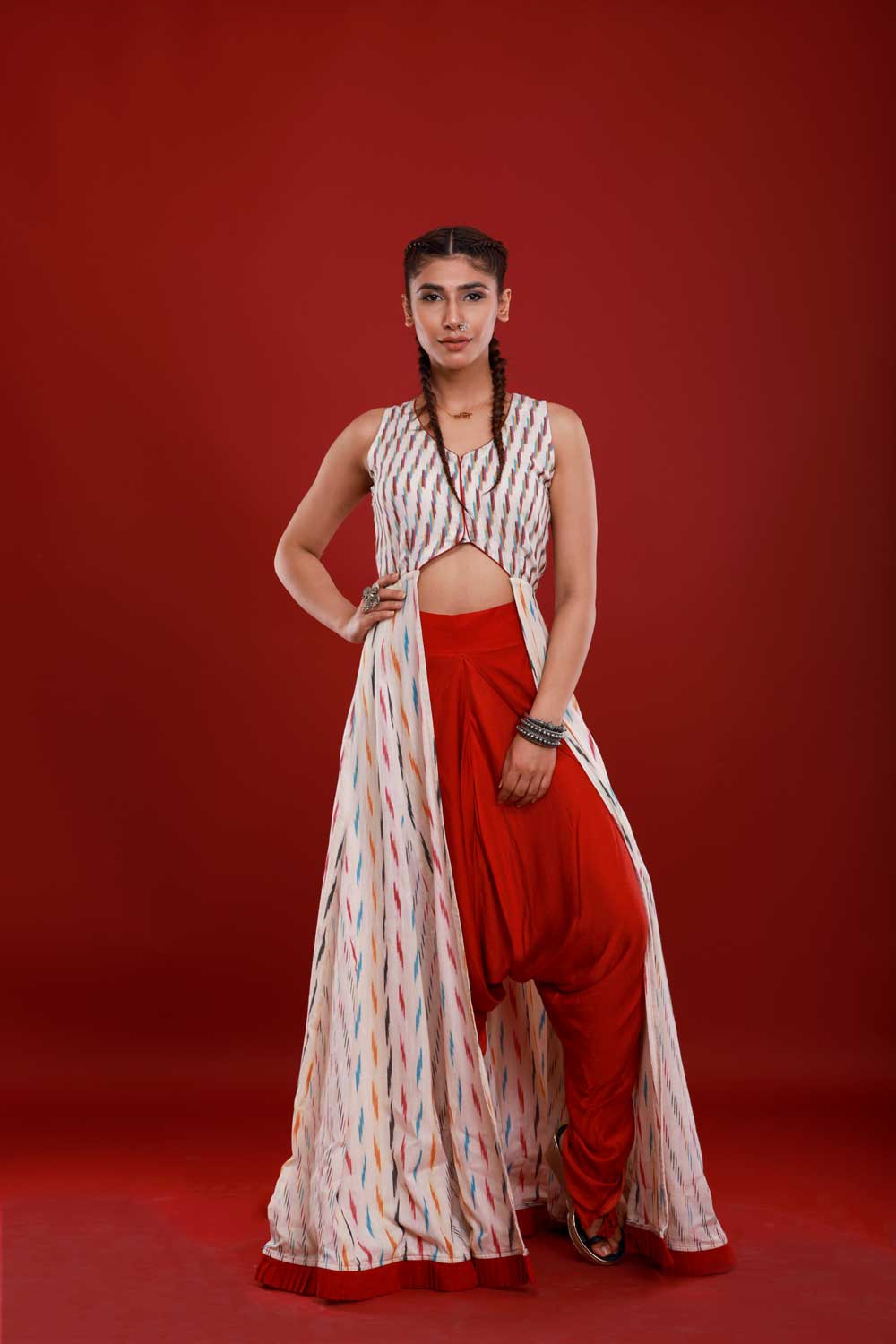 Ikat Long Line Flared Top with Dhoti Pants