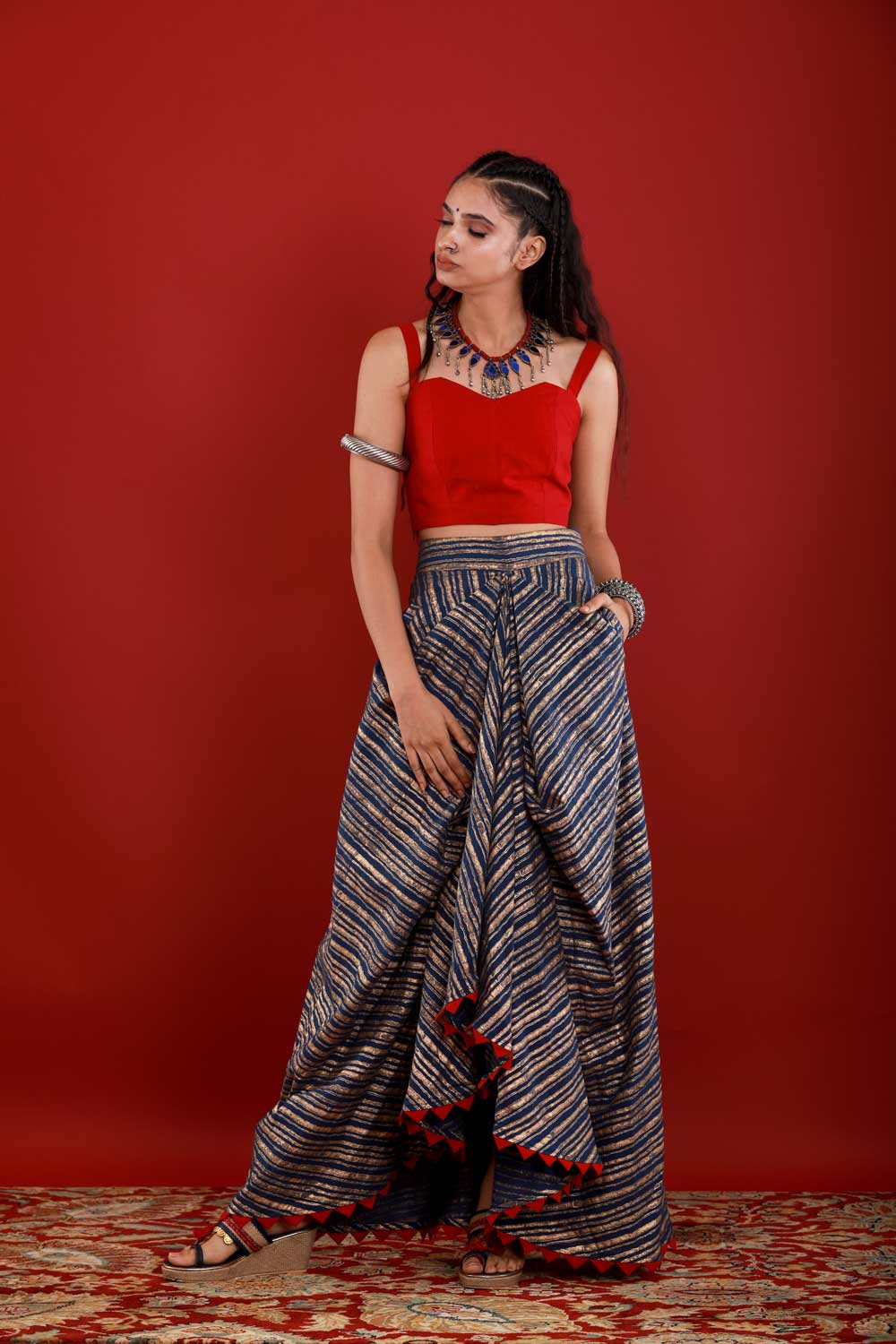 Buy Wine Dhoti Skirt And Crop Top With An Attached Ruffle Pallu Online -  Kalki Fashion
