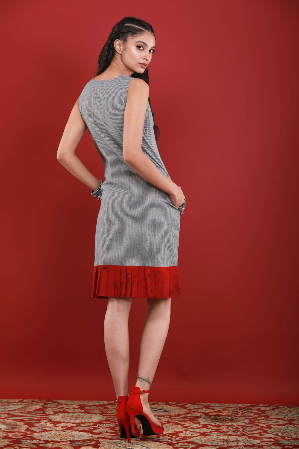 Handloom Shift Dress with Batik Pleated Hem