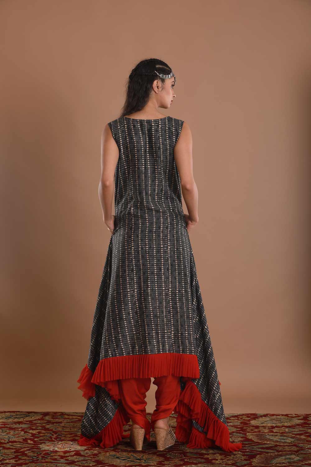 Hand Screen Print Asymmetric Dress with Zardosi Embroidery