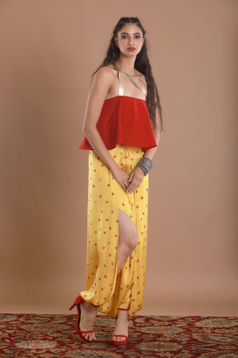 Bandhej Yellow Wrap Pants Set