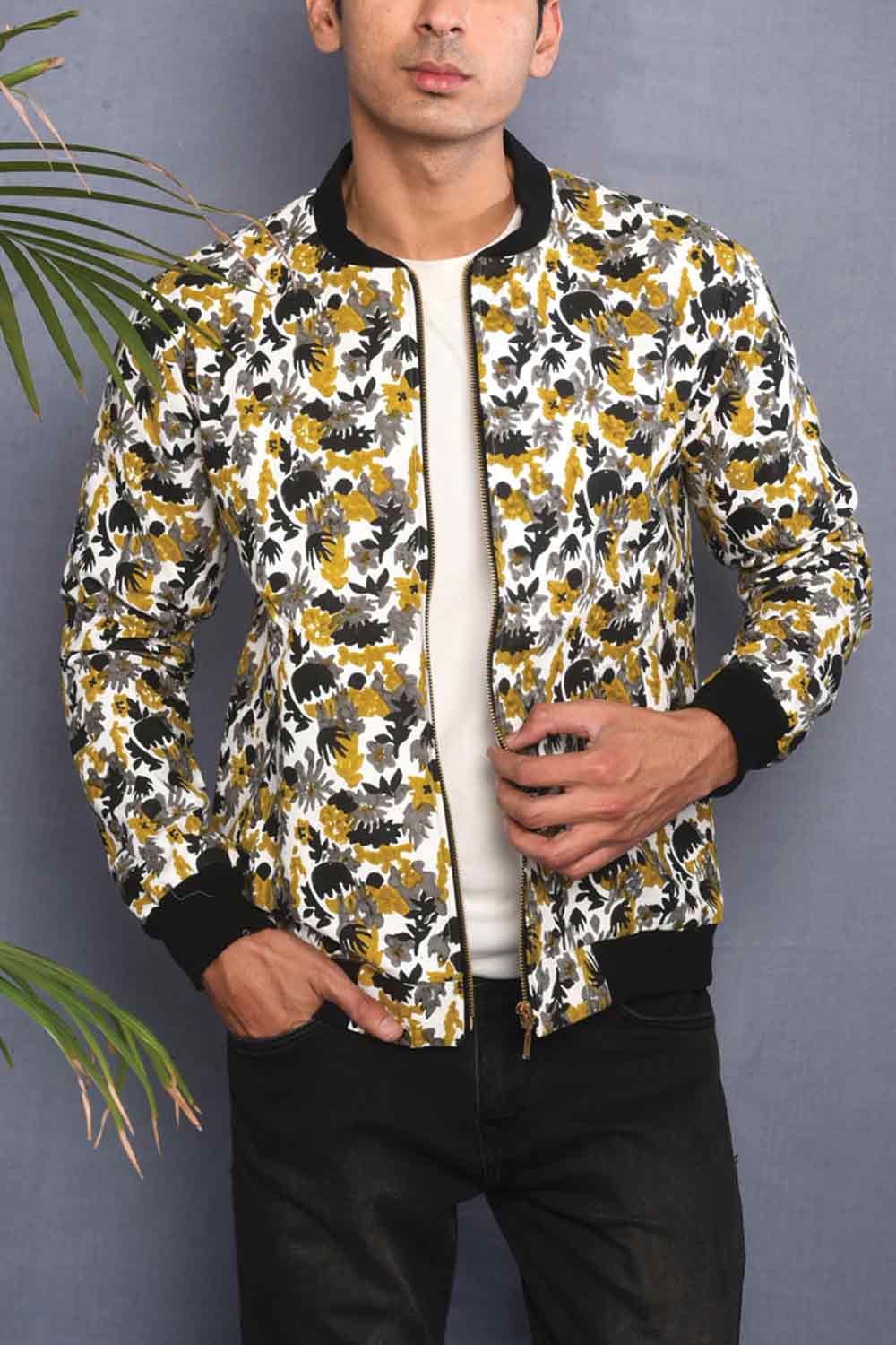 Block Printed Floral Camouflage Bomber