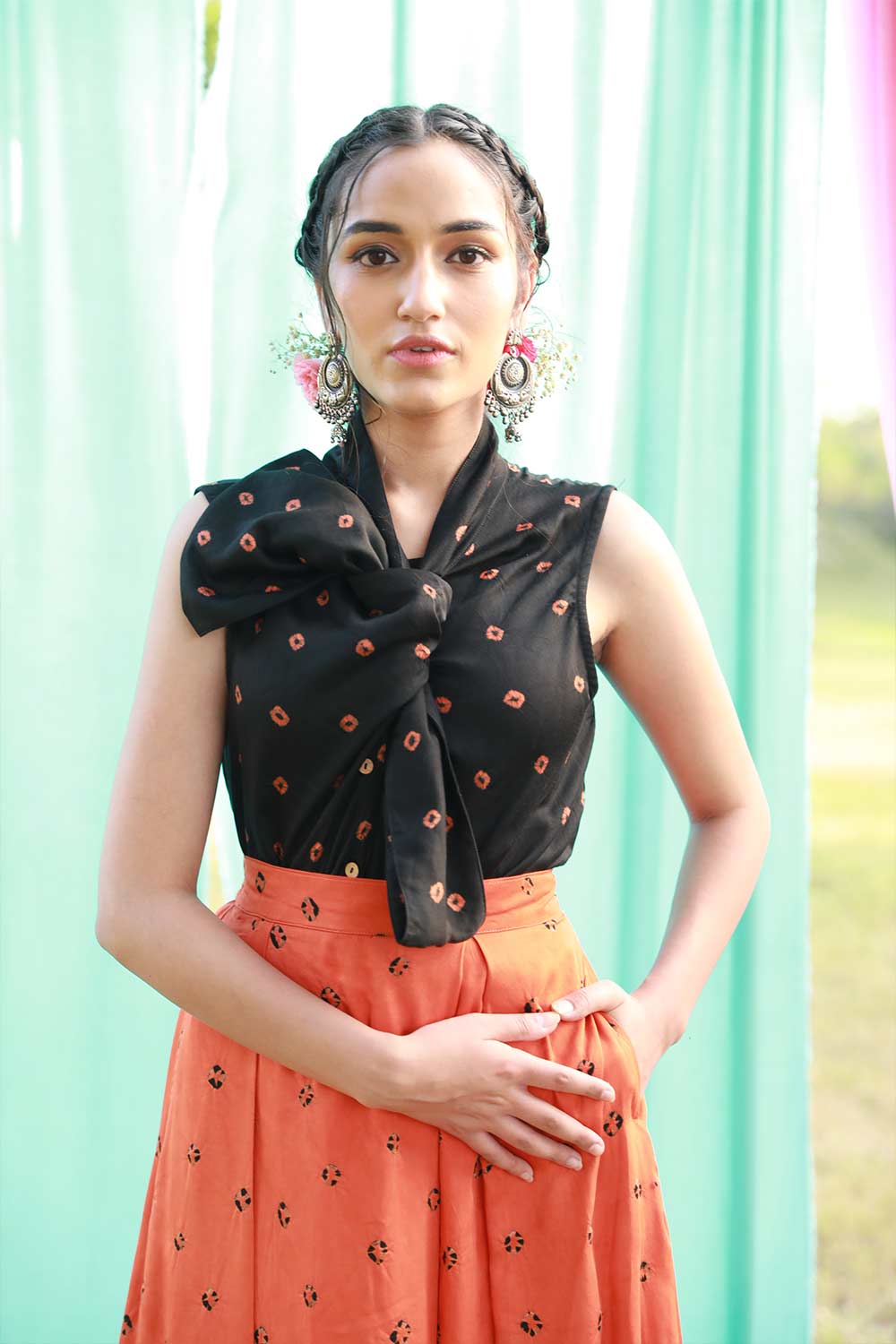 Bandhej Asymmetrical Pleated Skirt with Bow Shirt