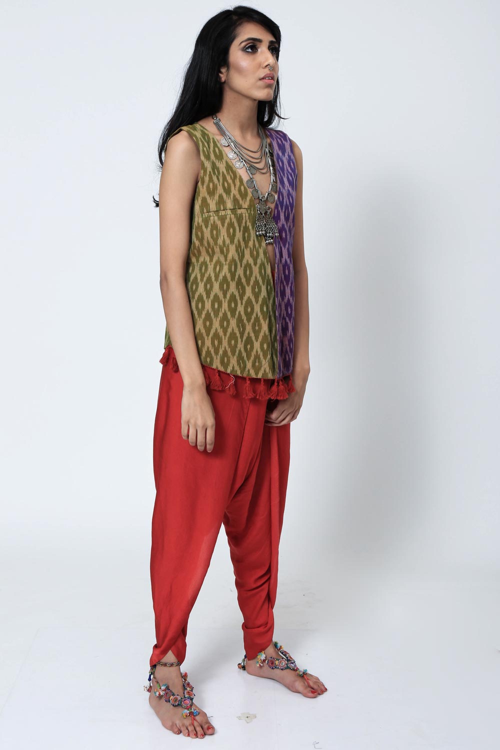Ikat Waistcoat With Tassels