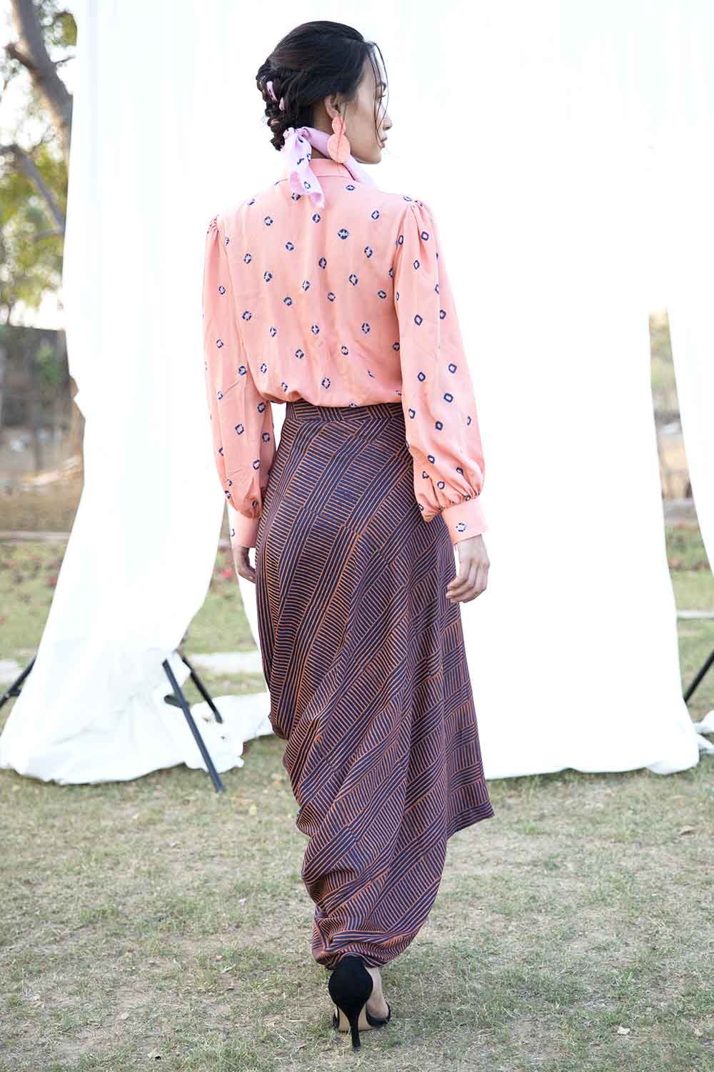 Block Printed Draped Skirt With Bandhej Shirt