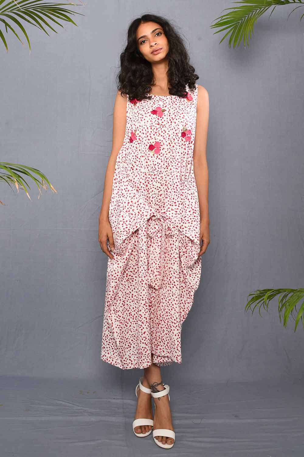 Block Printed Wrap Dress with Crochet Flowers