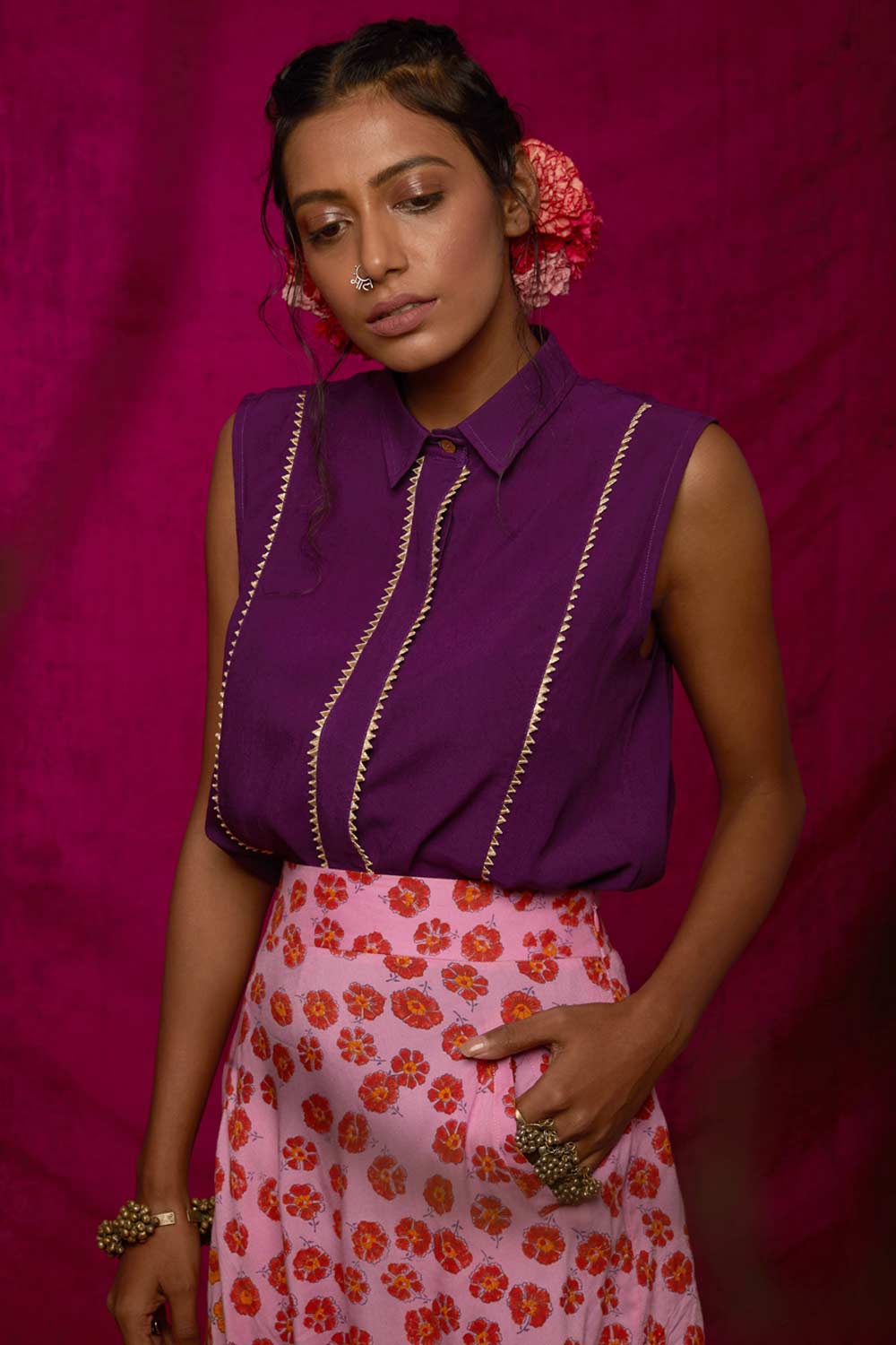 Block Printed Draped Poppy Skirt Set