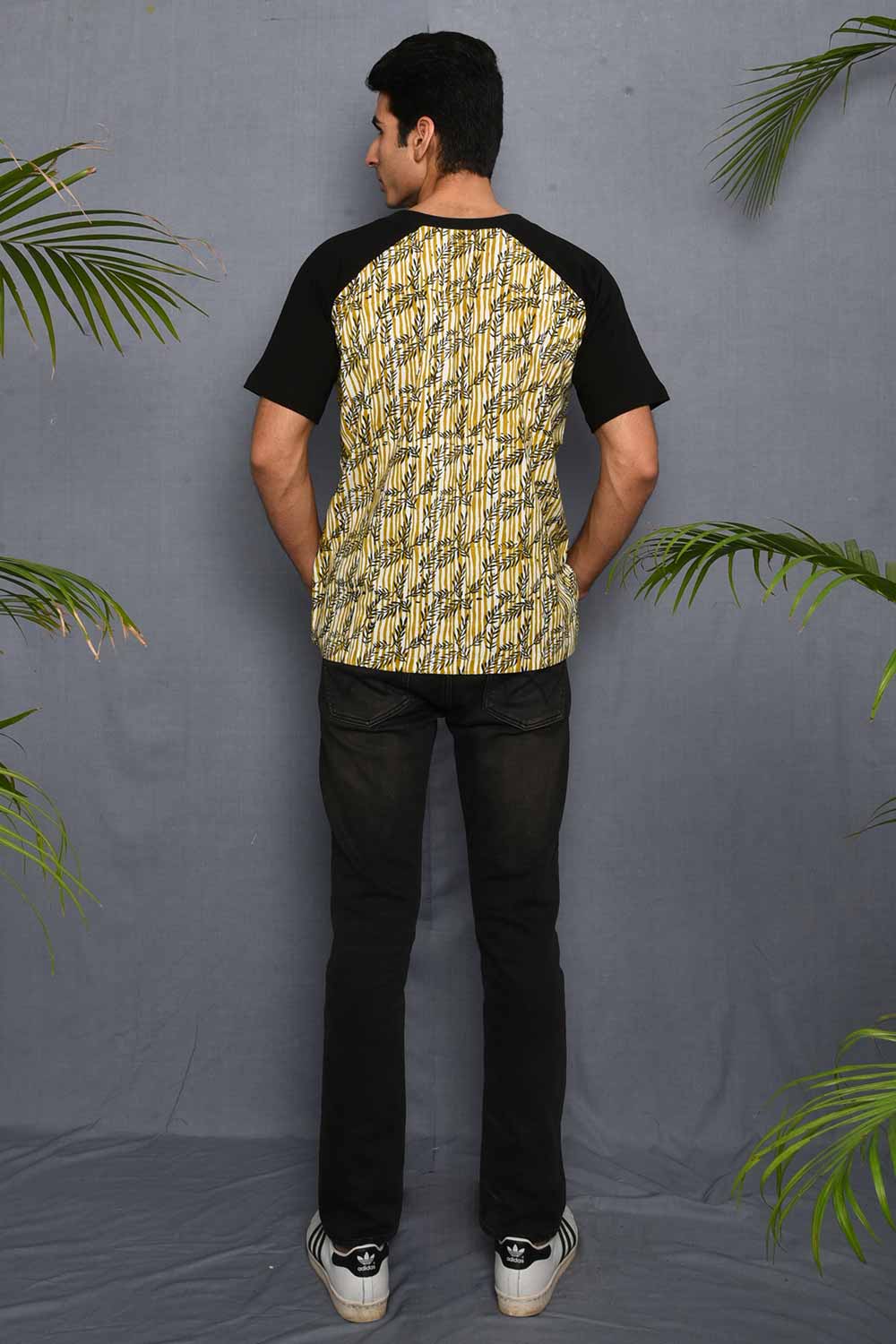 Block Printed Tropical T-shirt with Black Jersey