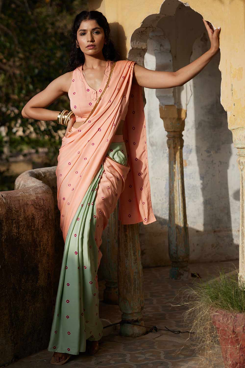 Mint Green Hand Embroidered Pre-Stitched Saree Set Design by Sana Barreja  at Pernia's Pop Up Shop 2024