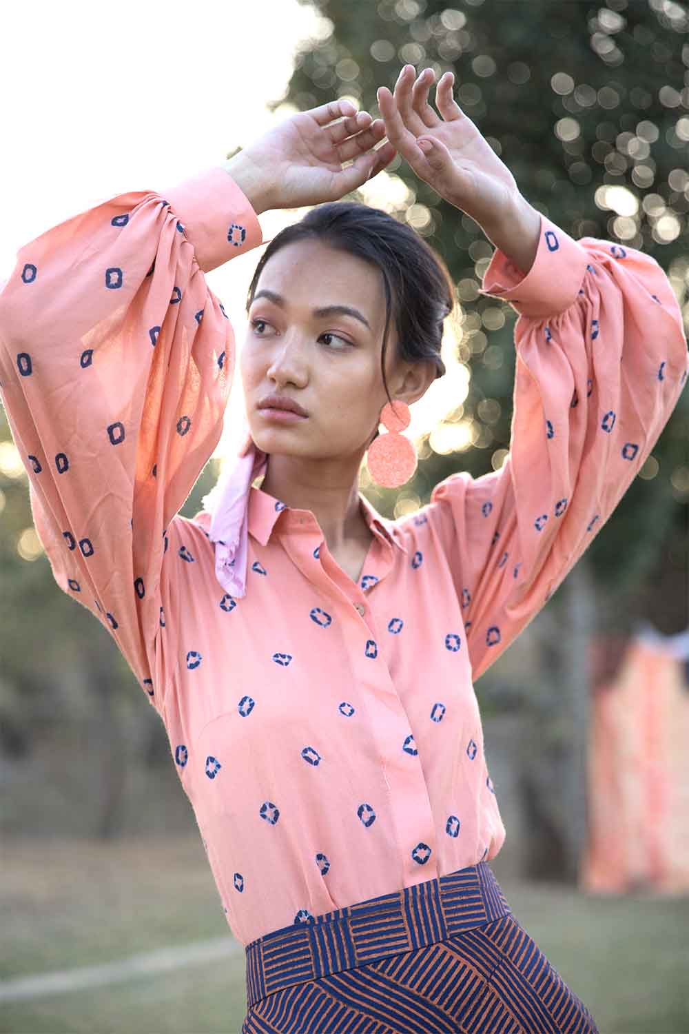 Block Printed Draped Skirt With Bandhej Shirt