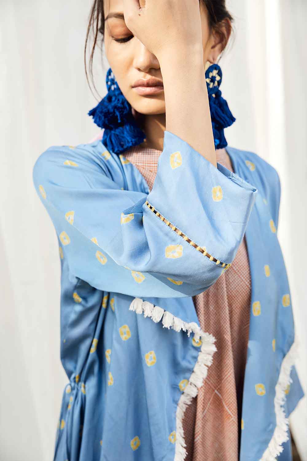 Block Printed Bais Dress With Bandhej Waterfall Jacket