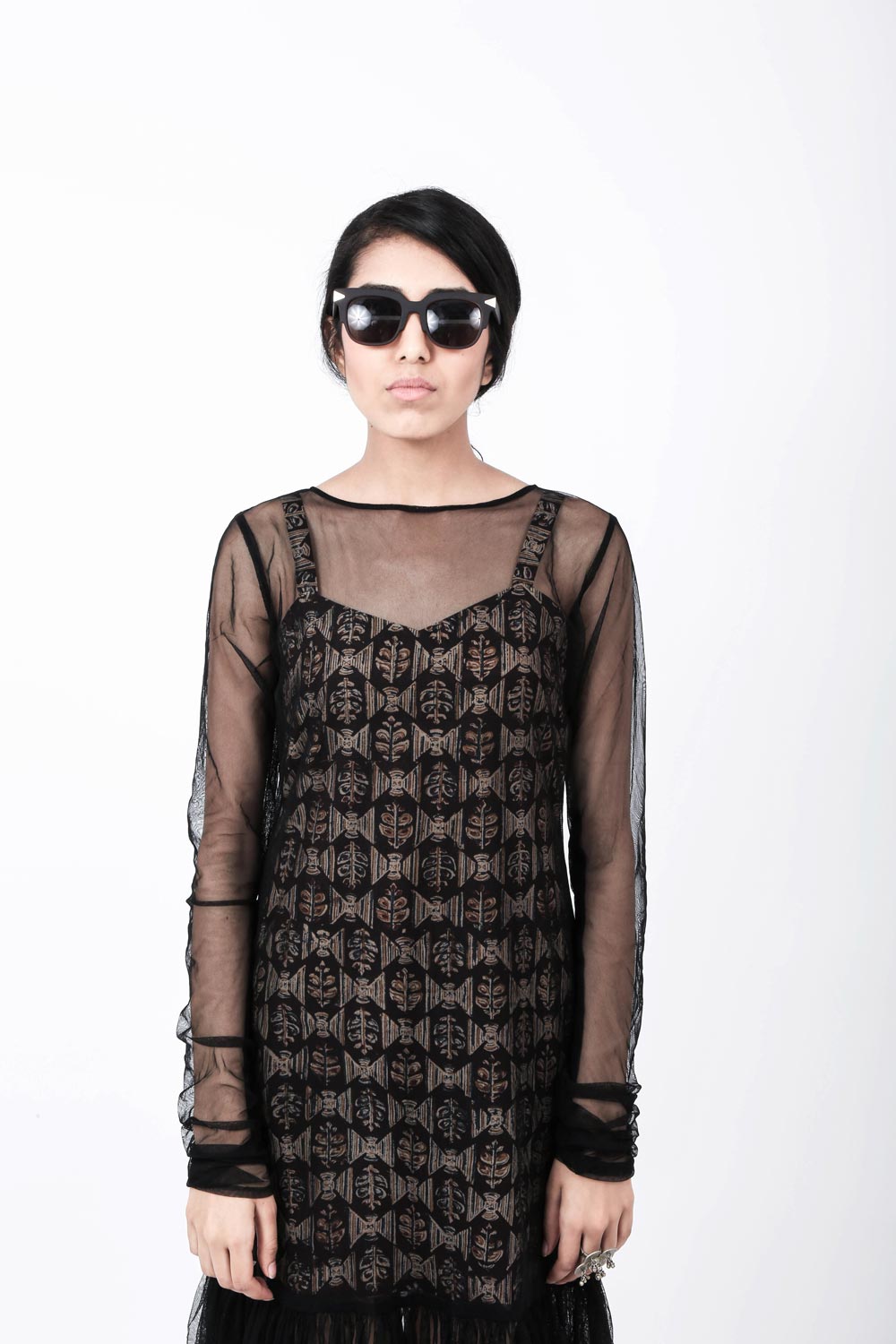 Block printed Kalamkari Dress With Tulle Overlay