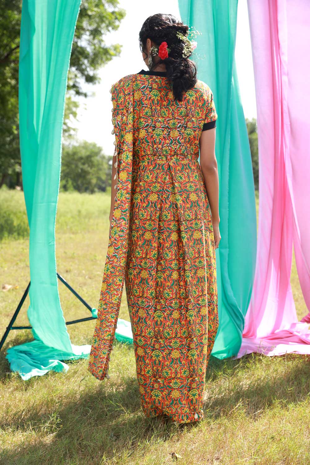 Block Printed T-shirt Saree Dress