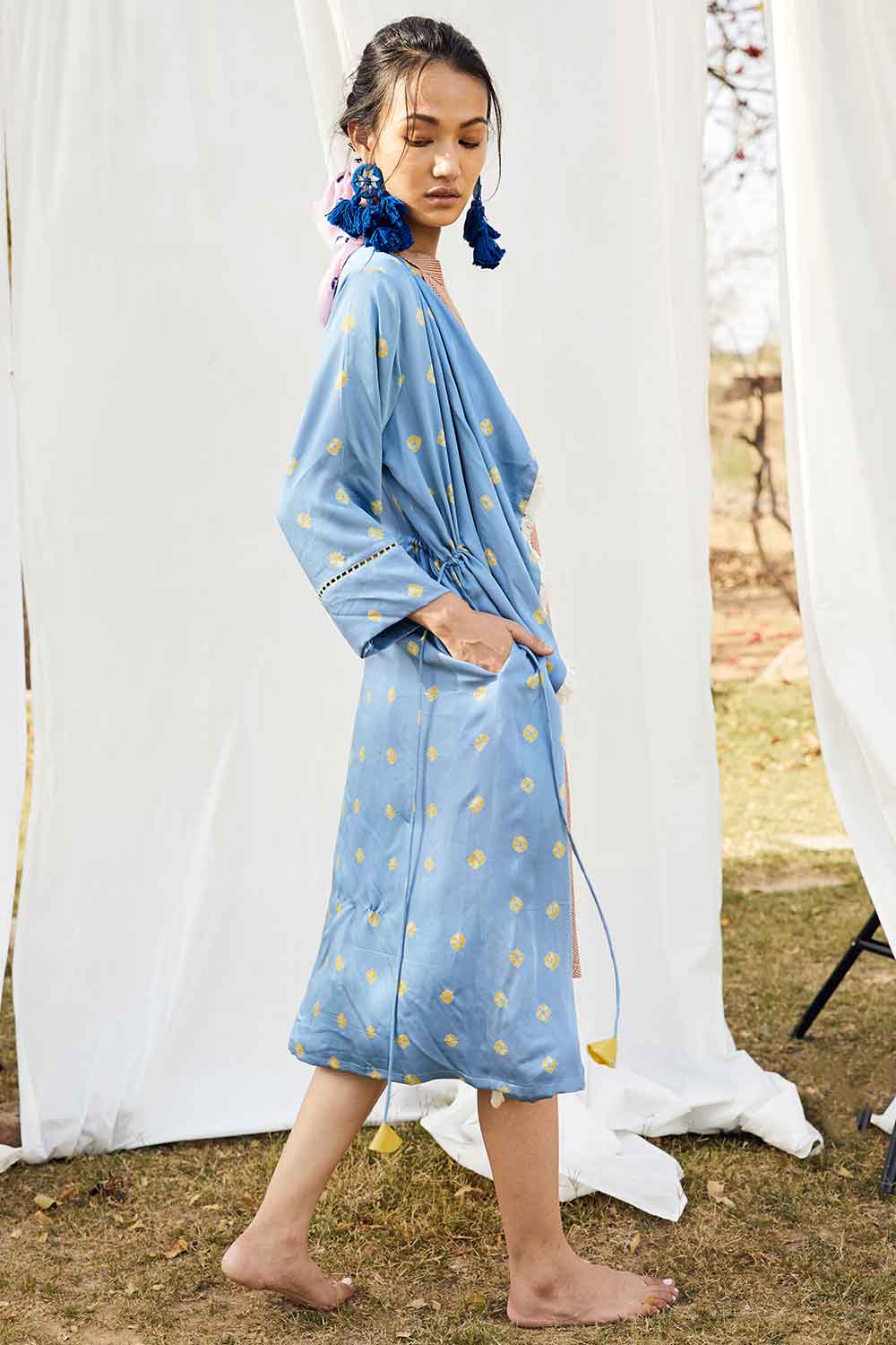Block Printed Bais Dress With Bandhej Waterfall Jacket