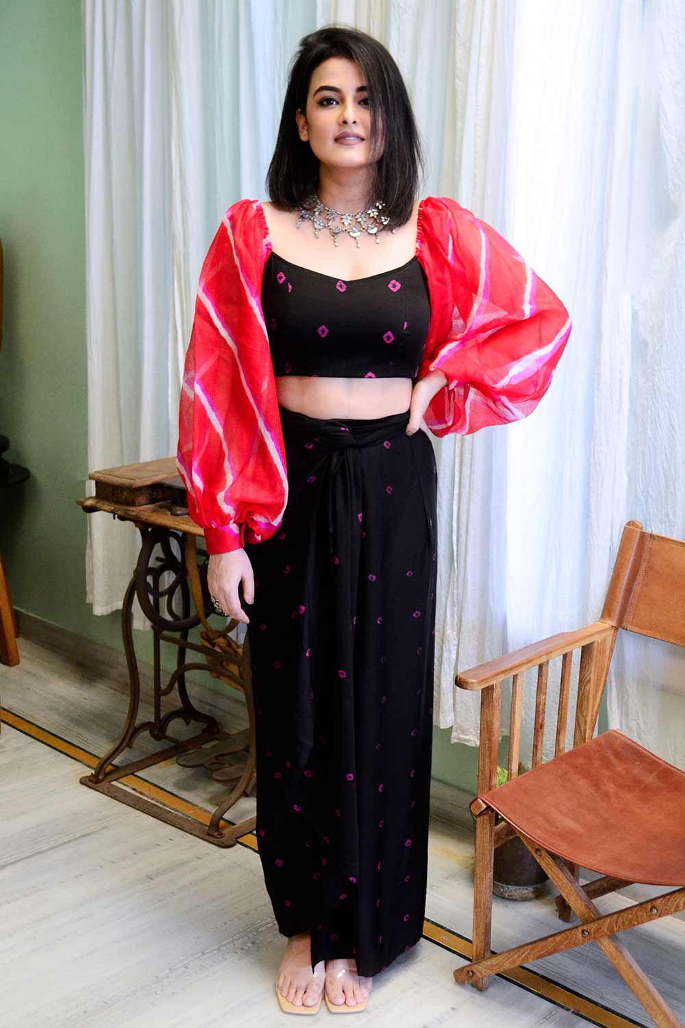 Bandhej Wrap Skirt With Leheriya Sleeve Crop Set as seen on Styleograph by Chikky Goenka