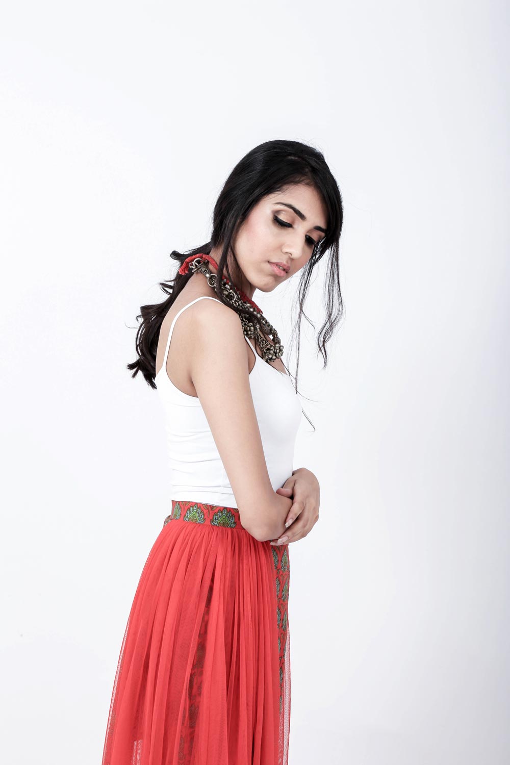 Hand Screen Printed Maxi Skirt With Tulle