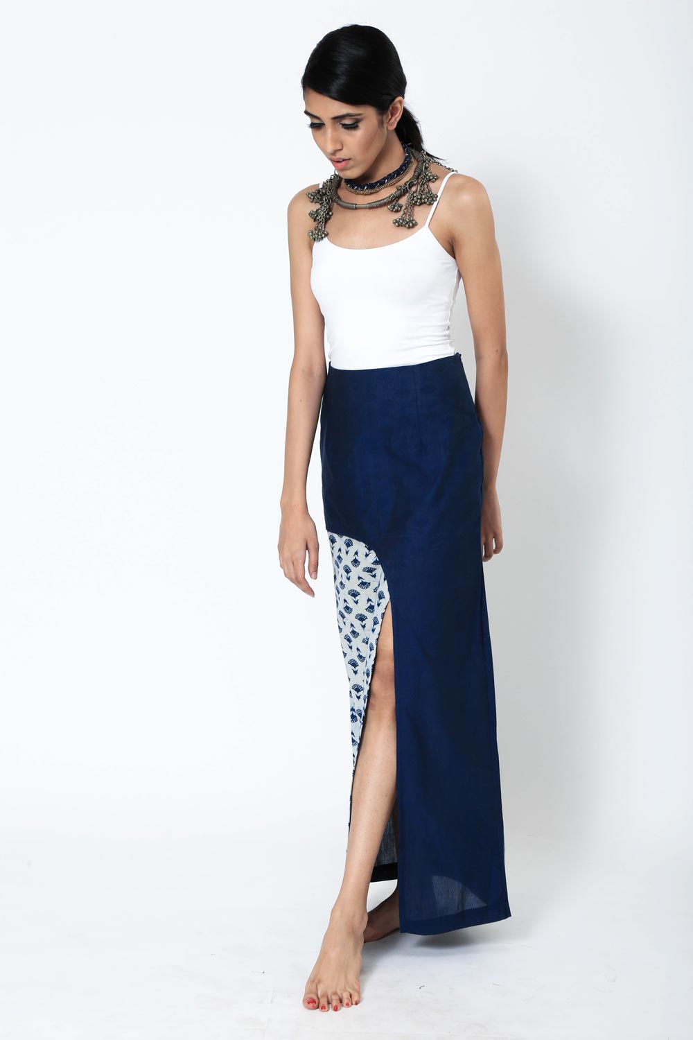 Handloom Skirt With Dabu Panel And Front Slit