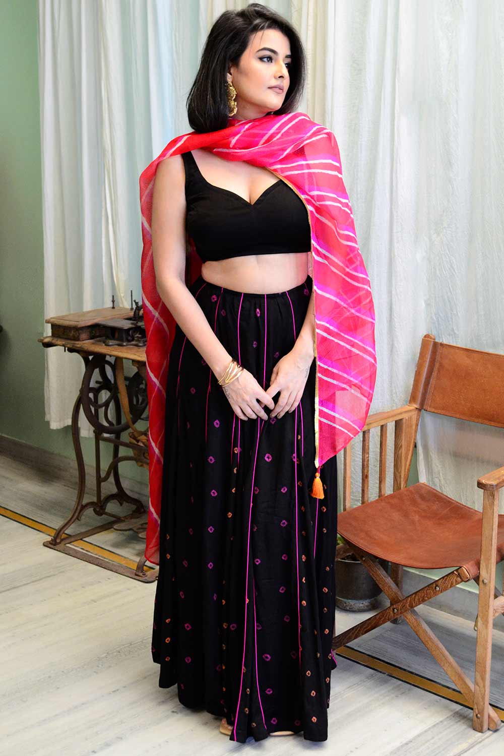 Bandhej Panel Skirt With Blouse And Leheriya Dupatta