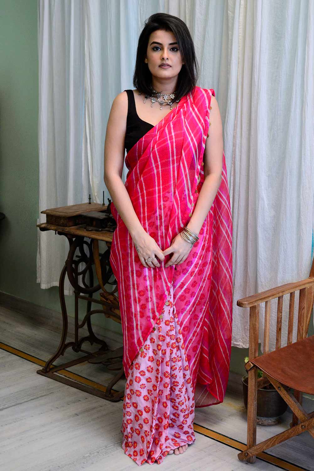 Block Printed And Leheriya Pre Draped Saree With Top
