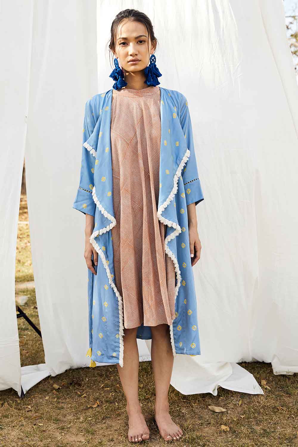 Block Printed Bais Dress With Bandhej Waterfall Jacket