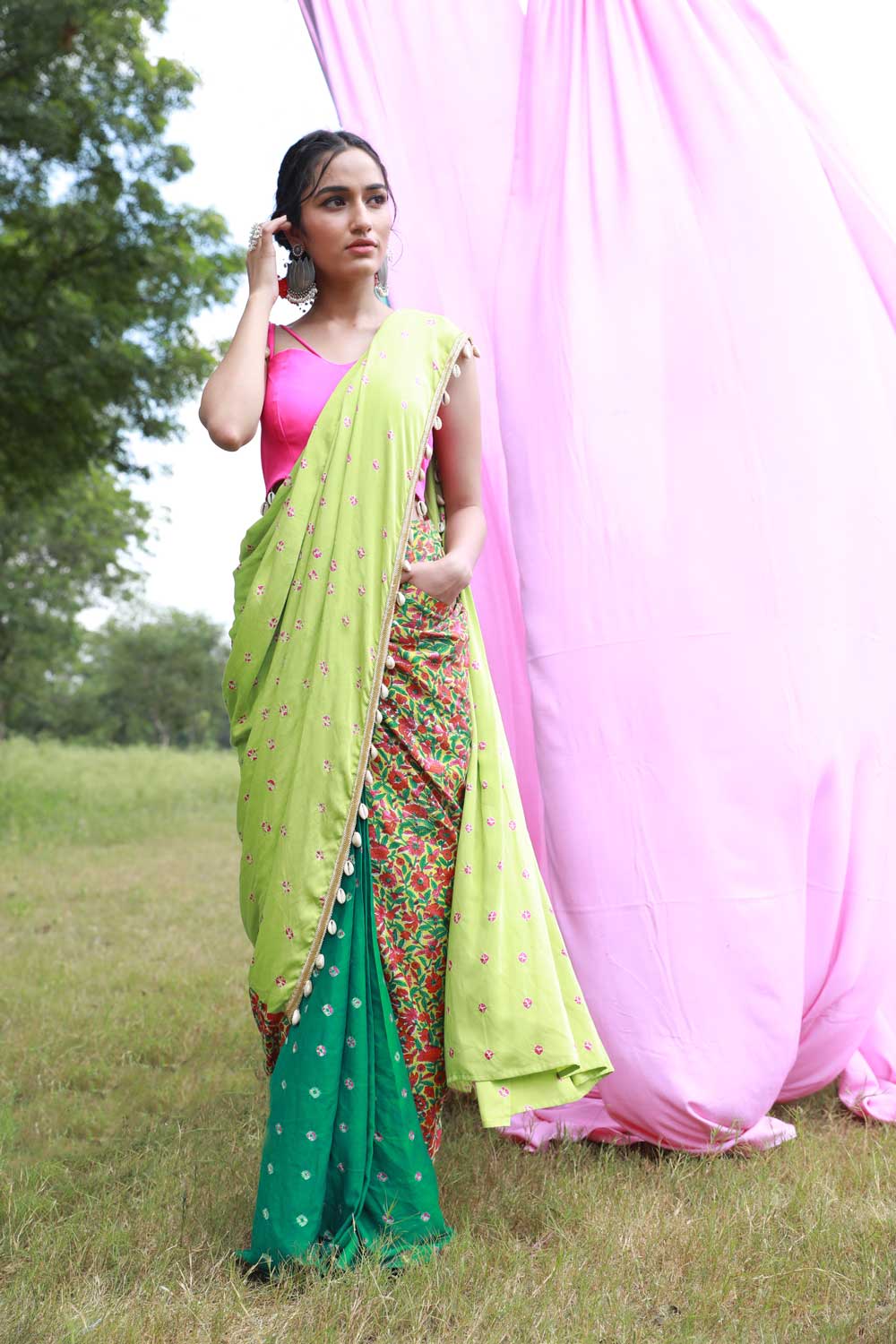 Green Pre Draped Saree with Bustier and Belt