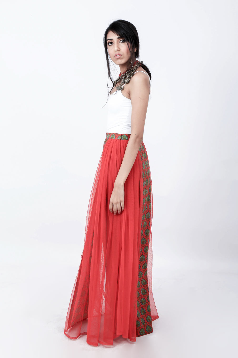Hand Screen Printed Maxi Skirt With Tulle