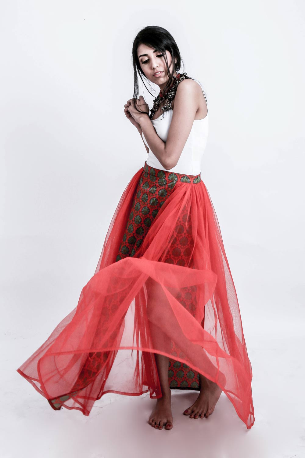 Hand Screen Printed Maxi Skirt With Tulle
