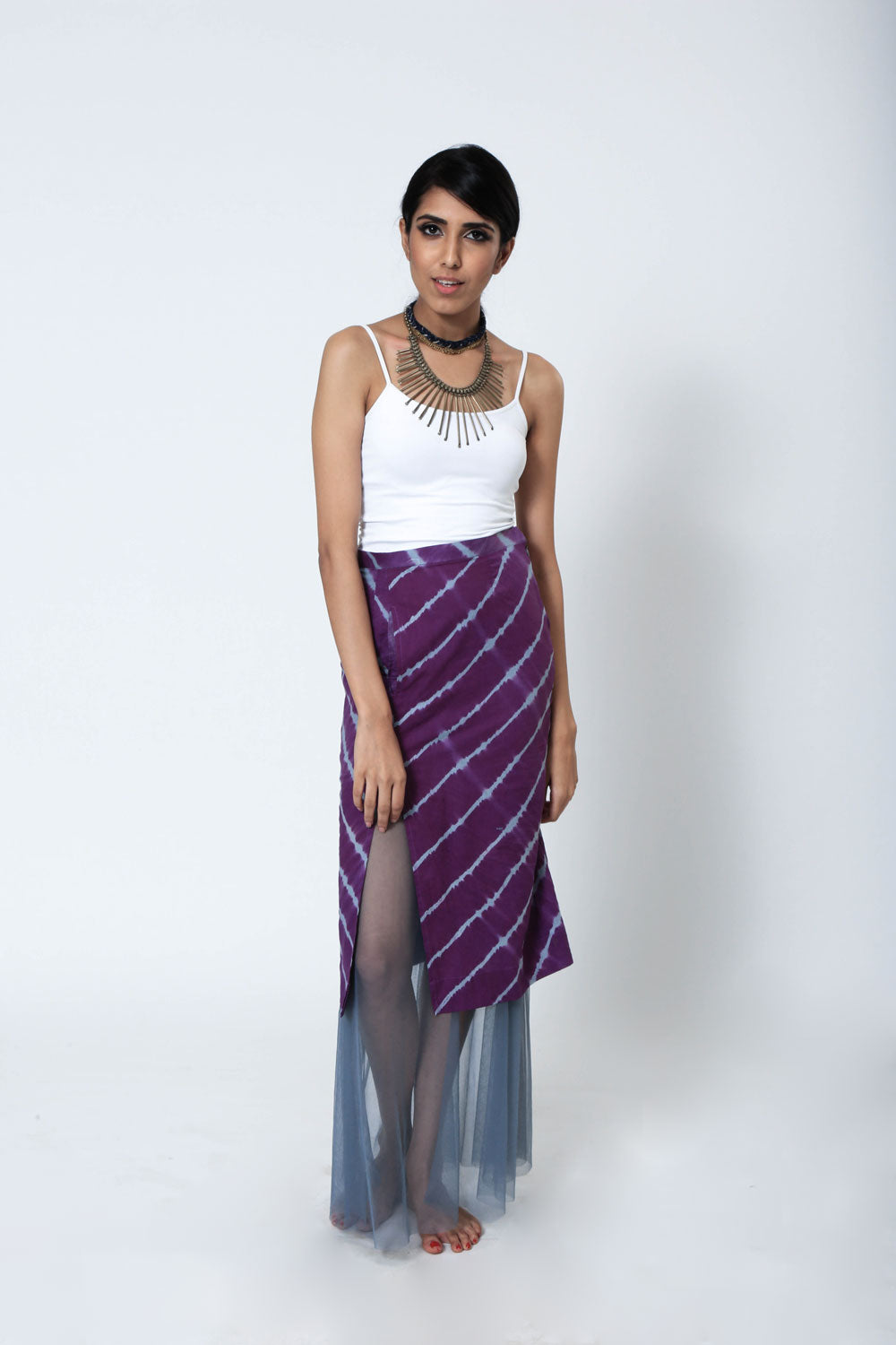 Leheriya Skirt With Slit And Tulle