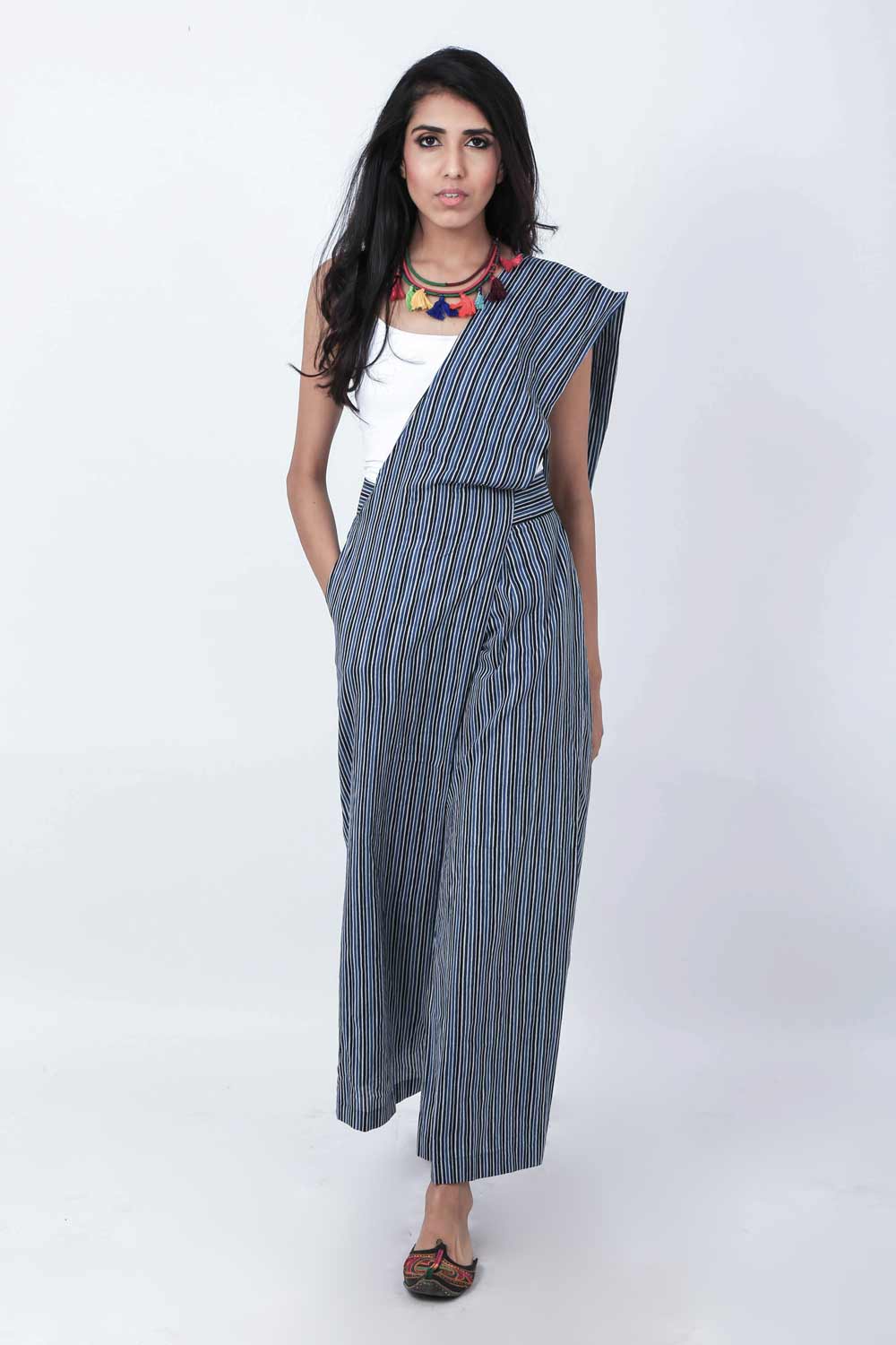 Block Printed Striped Saree Pants