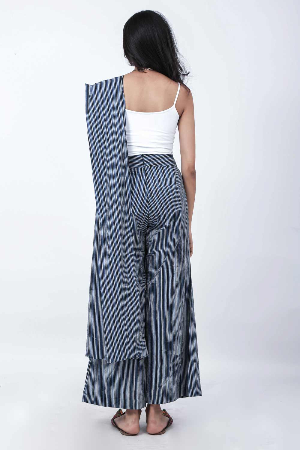 Block Printed Striped Saree Pants