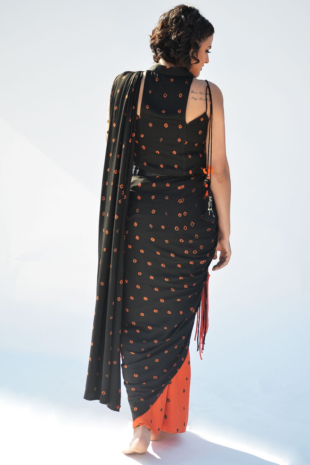 Orange/Black Pre Draped Saree with top and belt